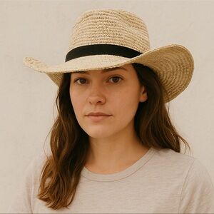 J. Crew Tan and Black Wide-Brimmed Hat Women hat Summer 100% Raffia Straw S-M